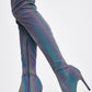 Rainbow Reflective Satin Pointed Toe Thigh High Boots