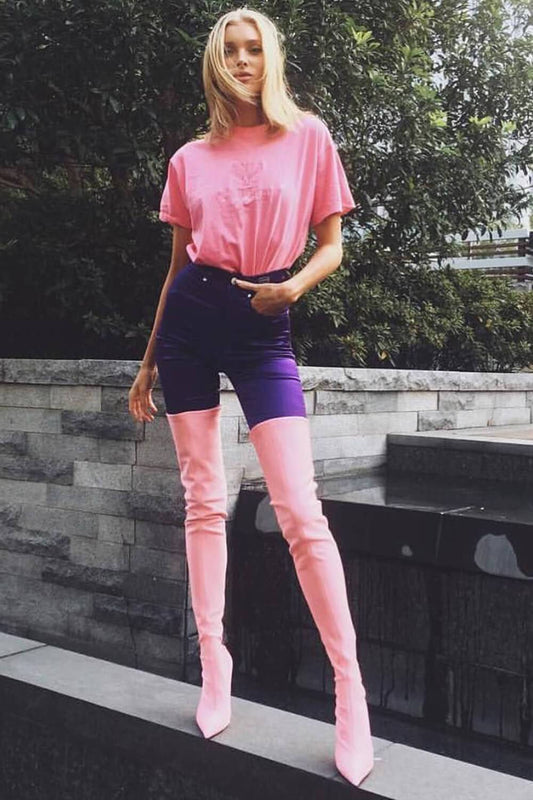 Pink Satin Pointed Toe Thigh High Boots